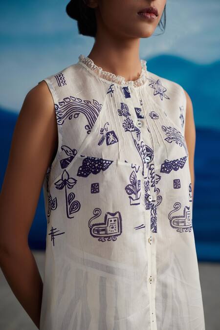 Buy_Ahmev_Ivory Chanderi Round Neck Clover Printed Shirt _Online_at_Aza_Fashions