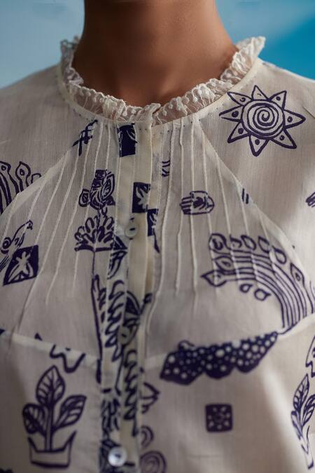 Ahmev_Ivory Chanderi Round Neck Clover Printed Shirt _at_Aza_Fashions