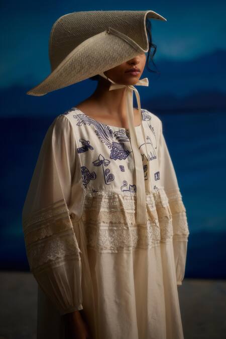 Shop_Ahmev_Ivory Chanderi, Cotton Boat Neck Ambretta Placement Printed Dress _Online_at_Aza_Fashions