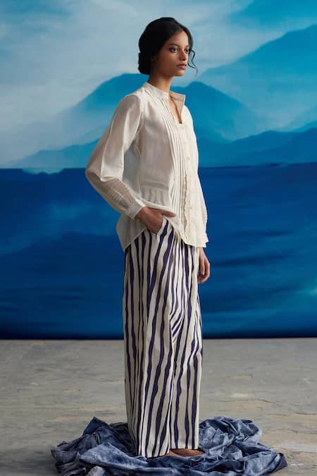 Ahmev_Ivory Chanderi Lace Bandeau Neck Hazel Pintuck Shirt _Online_at_Aza_Fashions