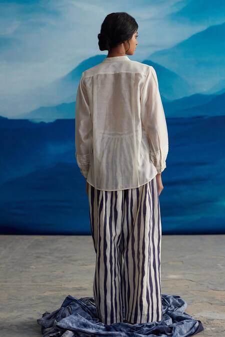 Shop_Ahmev_Ivory Chanderi, Cotton Lillian Stripe Print Pant _at_Aza_Fashions