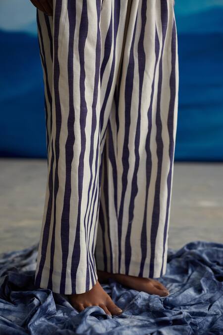 Ahmev_Ivory Chanderi, Cotton Lillian Stripe Print Pant _Online_at_Aza_Fashions