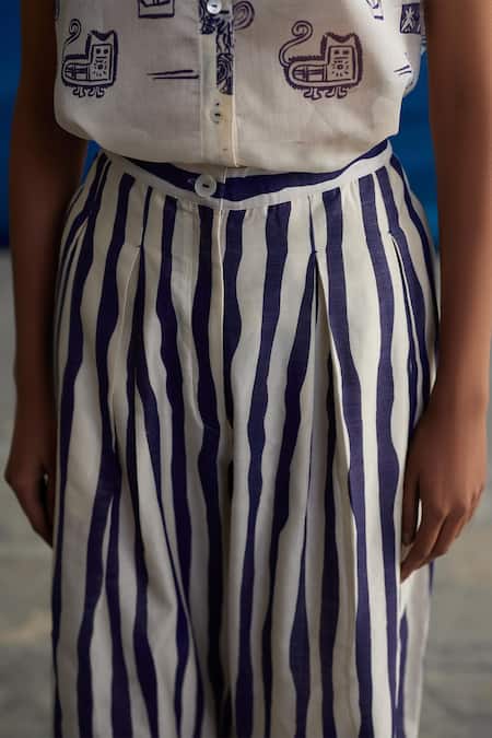 Buy_Ahmev_Ivory Chanderi, Cotton Lillian Stripe Print Pant _Online_at_Aza_Fashions