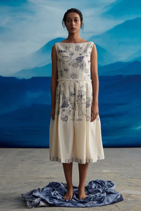 AHMEV Pema Chanderi Knife Pleated Printed Dress 