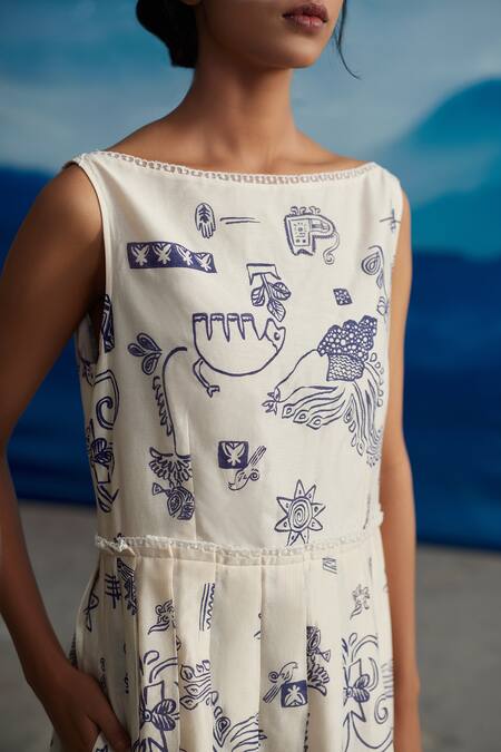 Buy_Ahmev_Ivory Chanderi, Cotton Embroidery Boat Neck Pema Knife Pleated Printed Dress _Online_at_Aza_Fashions