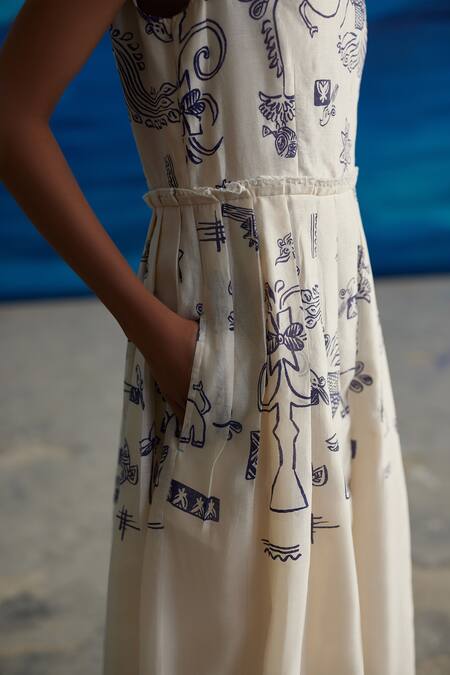 Shop_Ahmev_Ivory Chanderi, Cotton Embroidery Boat Neck Pema Knife Pleated Printed Dress _Online_at_Aza_Fashions