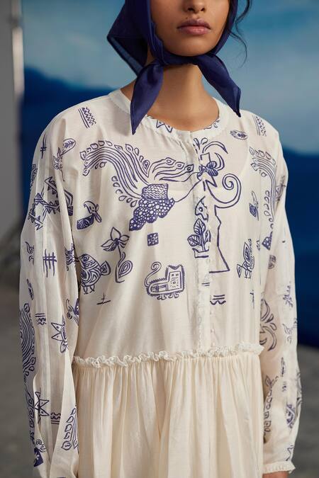 Ahmev_Ivory Chanderi, Cotton Lace Round Neck Rosamel Jungle Print Dress _Online_at_Aza_Fashions