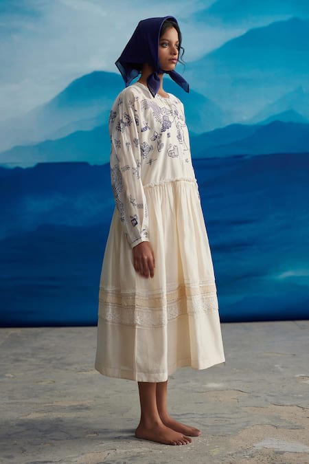 Shop_Ahmev_Ivory Chanderi, Cotton Lace Round Neck Rosamel Jungle Print Dress _Online_at_Aza_Fashions
