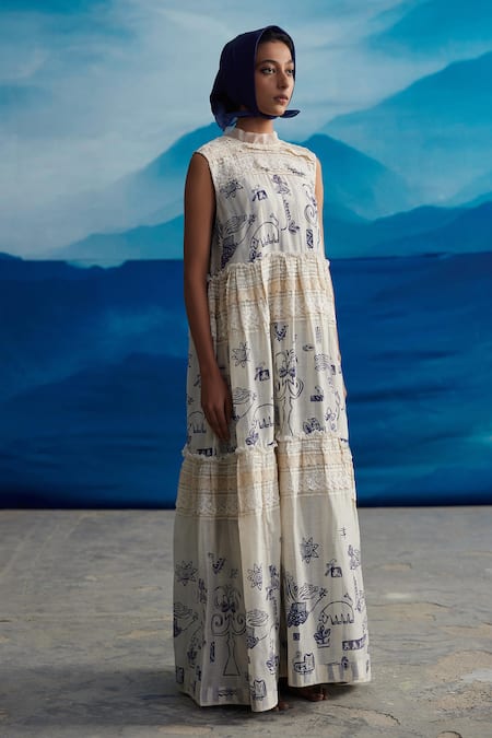 Ahmev Ivory Chanderi, Cotton Round Neck Azami Printed Tiered Dress Online at Aza Fashions Ahmev_Ivory Chanderi, Cotton Round Neck Azami Printed Tiered Dress _Online_at_Aza_Fashions