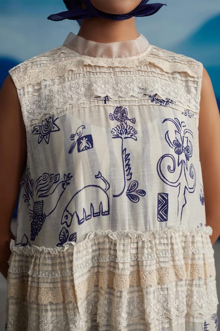 Buy Ahmev Ivory Chanderi, Cotton Round Neck Azami Printed Tiered Dress Online at Aza Fashions Buy_Ahmev_Ivory Chanderi, Cotton Round Neck Azami Printed Tiered Dress _Online_at_Aza_Fashions