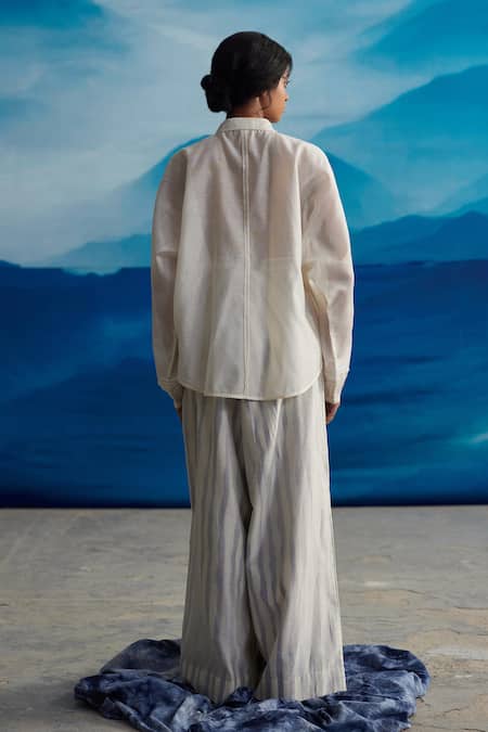 Shop Ahmev Ivory Chanderi Embroidery Collared Marrila Lace Embellished Shirt at Aza Fashions Shop_Ahmev_Ivory Chanderi Embroidery Collared Marrila Lace Embellished Shirt _at_Aza_Fashions