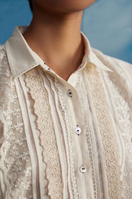 Ahmev Ivory Chanderi Embroidery Collared Marrila Lace Embellished Shirt Online at Aza Fashions Ahmev_Ivory Chanderi Embroidery Collared Marrila Lace Embellished Shirt _Online_at_Aza_Fashions