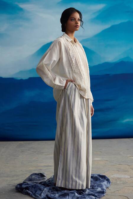 Shop Ahmev Ivory Chanderi Embroidery Collared Marrila Lace Embellished Shirt Online at Aza Fashions Shop_Ahmev_Ivory Chanderi Embroidery Collared Marrila Lace Embellished Shirt _Online_at_Aza_Fashions