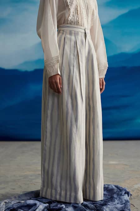 Shop Ahmev Ivory Chanderi, Cotton Shardul Stripe Print Flared Pant at Aza Fashions Shop_Ahmev_Ivory Chanderi, Cotton Shardul Stripe Print Flared Pant _at_Aza_Fashions