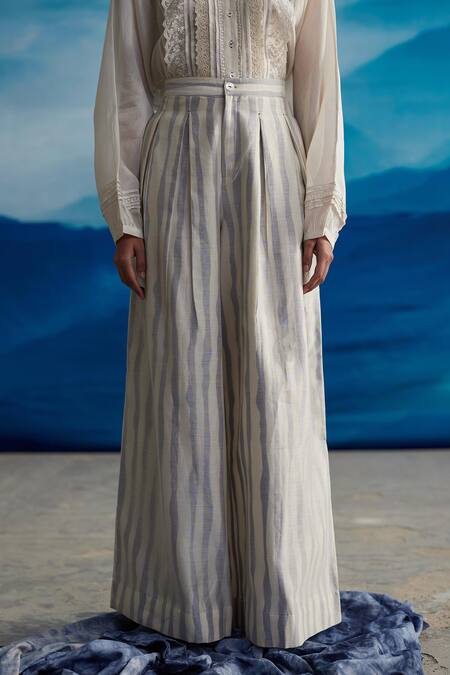 Ahmev Ivory Chanderi, Cotton Shardul Stripe Print Flared Pant Online at Aza Fashions Ahmev_Ivory Chanderi, Cotton Shardul Stripe Print Flared Pant _Online_at_Aza_Fashions
