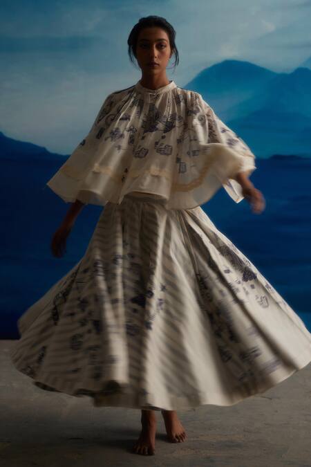 Ahmev_Ivory Chanderi Lace Collared Juniper Abstract Print Gathered Top _Online_at_Aza_Fashions