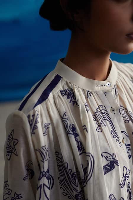 Shop_Ahmev_Ivory Chanderi Lace Collared Juniper Abstract Print Gathered Top _Online_at_Aza_Fashions