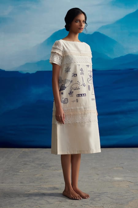 Ahmev_Ivory Chanderi Embroidery Boat Neck Camellia Printed Shift Dress _Online_at_Aza_Fashions