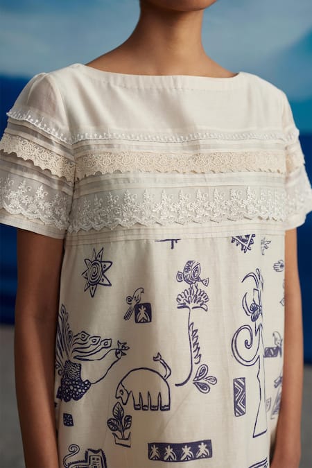 Buy_Ahmev_Ivory Chanderi Embroidery Boat Neck Camellia Printed Shift Dress _Online_at_Aza_Fashions