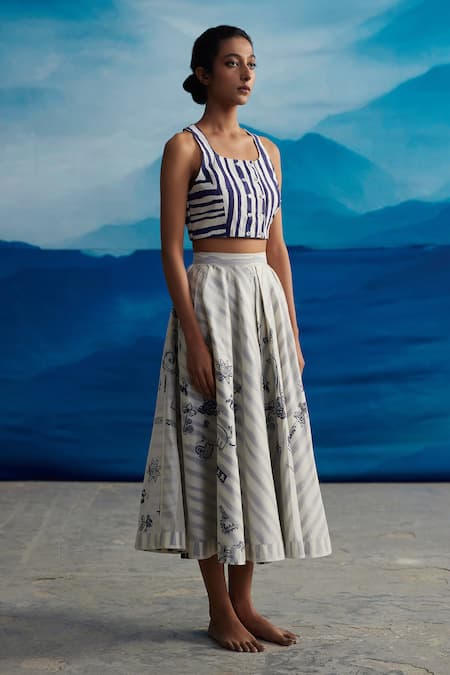 Ahmev_Ivory Chanderi, Cotton Primula Racer Stripe Print Blouse _Online_at_Aza_Fashions