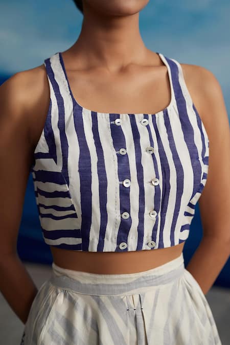 Buy_Ahmev_Ivory Chanderi, Cotton Primula Racer Stripe Print Blouse _Online_at_Aza_Fashions