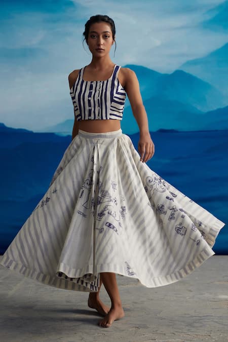 AHMEV Magnolia Chanderi Stripe Print Skirt 