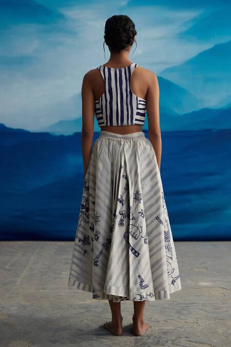 Shop_Ahmev_Ivory Chanderi, Linen Embroidery Magnolia Stripe Print Skirt _at_Aza_Fashions