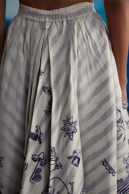 Ahmev_Ivory Chanderi, Linen Embroidery Magnolia Stripe Print Skirt _Online_at_Aza_Fashions