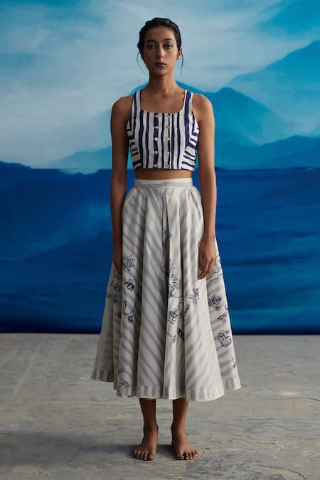 Buy_Ahmev_Ivory Chanderi, Linen Embroidery Magnolia Stripe Print Skirt _Online_at_Aza_Fashions