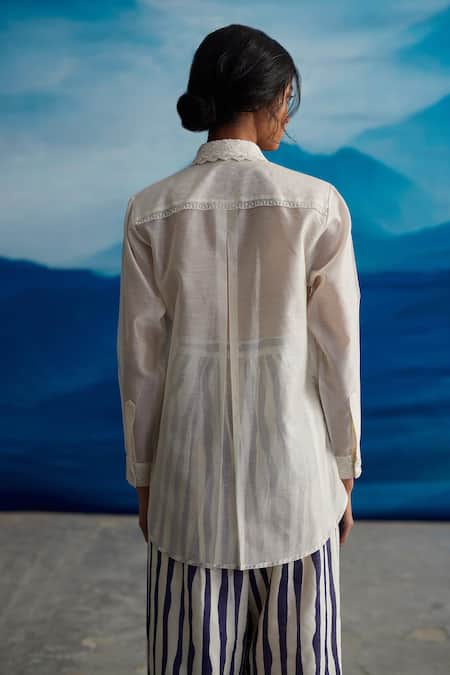 Shop Ahmev Ivory Chanderi Lace Collared Manuka Embellished Shirt at Aza Fashions Shop_Ahmev_Ivory Chanderi Lace Collared Manuka Embellished Shirt _at_Aza_Fashions
