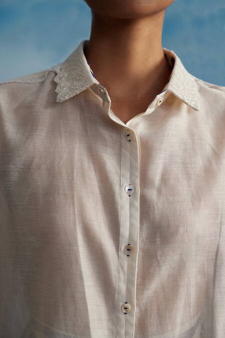 Ahmev Ivory Chanderi Lace Collared Manuka Embellished Shirt Online at Aza Fashions Ahmev_Ivory Chanderi Lace Collared Manuka Embellished Shirt _Online_at_Aza_Fashions