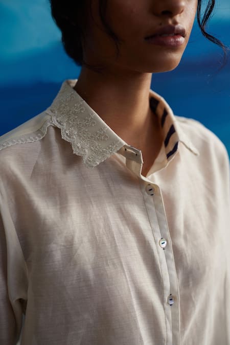 Buy Ahmev Ivory Chanderi Lace Collared Manuka Embellished Shirt Online at Aza Fashions Buy_Ahmev_Ivory Chanderi Lace Collared Manuka Embellished Shirt _Online_at_Aza_Fashions
