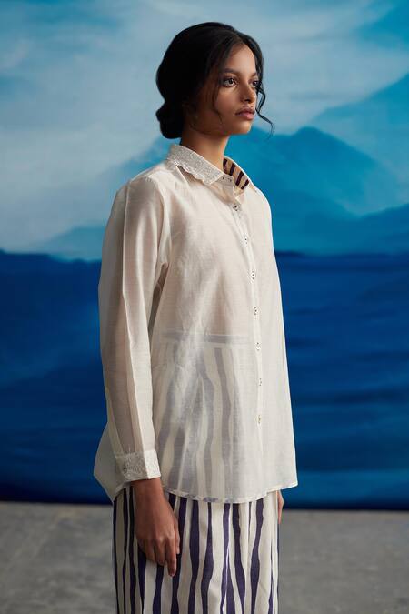 Ahmev Ivory Chanderi Lace Collared Manuka Embellished Shirt at Aza Fashions Ahmev_Ivory Chanderi Lace Collared Manuka Embellished Shirt _at_Aza_Fashions