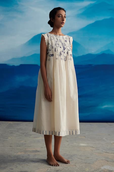 Ahmev_Ivory Chanderi, Cotton Embroidery Boat Neck Mignon Printed Pleated Dress _Online_at_Aza_Fashions