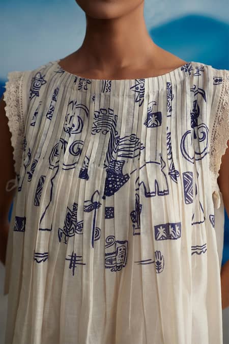 Shop_Ahmev_Ivory Chanderi, Cotton Embroidery Boat Neck Mignon Printed Pleated Dress _Online_at_Aza_Fashions