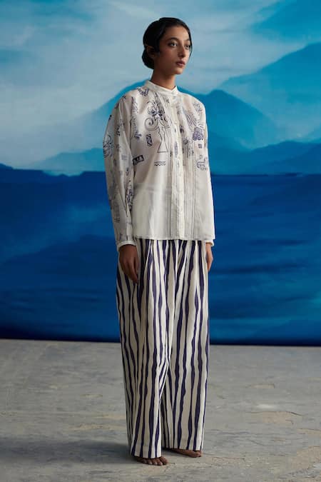 Ahmev_Ivory Silk Organza Lace, Embroidery Bandeau Neck Fern Abstract Print Shirt _Online_at_Aza_Fashions