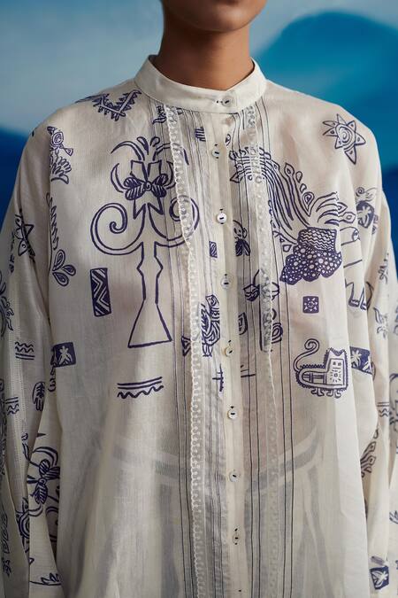 Buy_Ahmev_Ivory Silk Organza Lace, Embroidery Bandeau Neck Fern Abstract Print Shirt _Online_at_Aza_Fashions