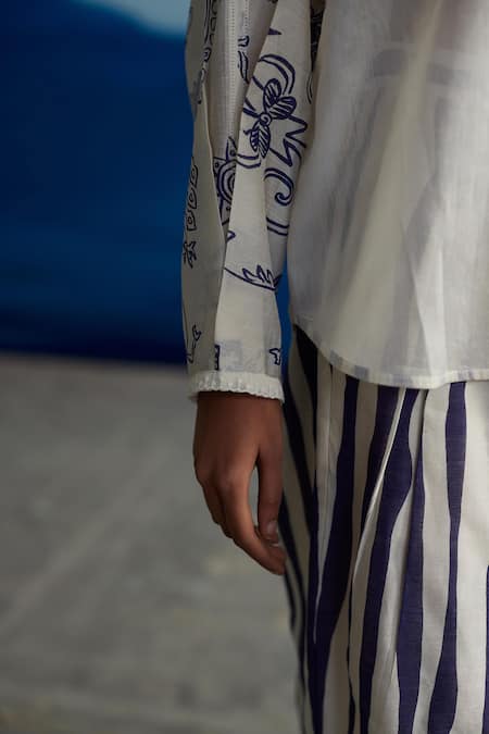 Shop_Ahmev_Ivory Silk Organza Lace, Embroidery Bandeau Neck Fern Abstract Print Shirt _Online_at_Aza_Fashions