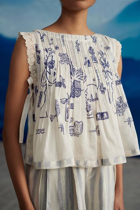 Ahmev_Ivory Chanderi, Cotton Lace Boat Neck Calantha Printed Pleated Top _Online_at_Aza_Fashions