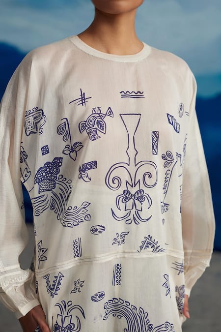 Shop_Ahmev_Ivory Chanderi Embroidery Round Neck Naahar Abstract Print Kurta _Online_at_Aza_Fashions