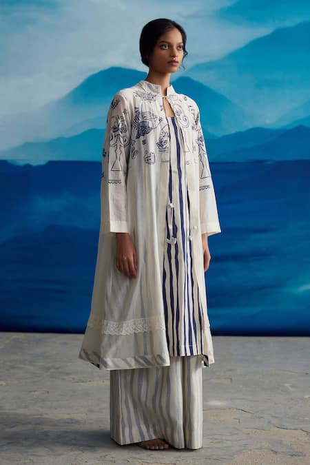 Ahmev_Ivory Chanderi Lace, Embroidery Keyhole Neck Kalina Abstract Print Overlay _Online_at_Aza_Fashions