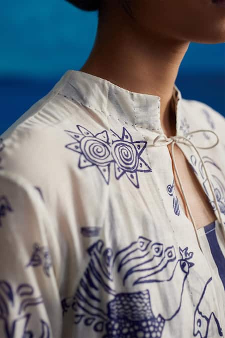 Shop_Ahmev_Ivory Chanderi Lace, Embroidery Keyhole Neck Kalina Abstract Print Overlay _Online_at_Aza_Fashions