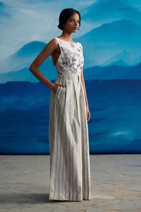 Ahmev_Ivory Chanderi, Cotton Embroidery Boat Neck Madelief Abstract Print Top _Online_at_Aza_Fashions