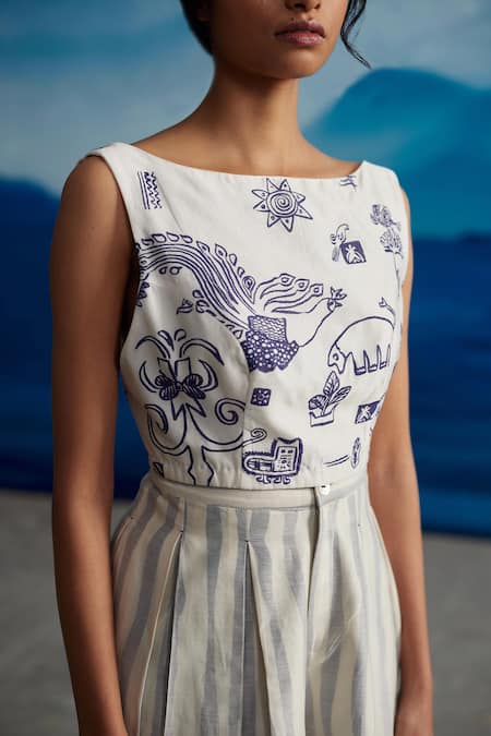 Buy_Ahmev_Ivory Chanderi, Cotton Embroidery Boat Neck Madelief Abstract Print Top _Online_at_Aza_Fashions