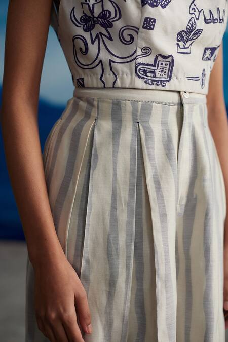 Shop_Ahmev_Ivory Chanderi, Cotton Embroidery Boat Neck Madelief Abstract Print Top _Online_at_Aza_Fashions