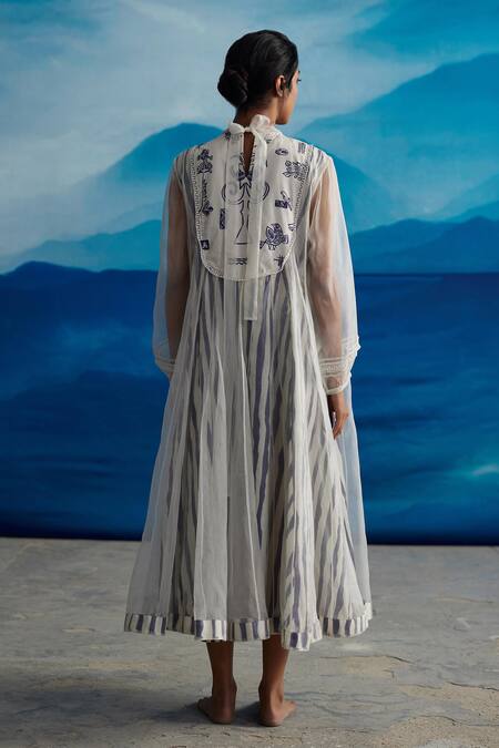 Shop_Ahmev_Ivory Chanderi, Cotton Lace, Embroidery Round Neck Blazing Yoke Printed Dress _at_Aza_Fashions