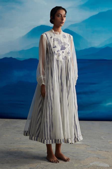 Ahmev_Ivory Chanderi, Cotton Lace, Embroidery Round Neck Blazing Yoke Printed Dress _Online_at_Aza_Fashions