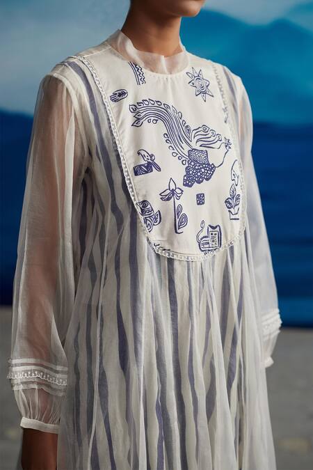Buy_Ahmev_Ivory Chanderi, Cotton Lace, Embroidery Round Neck Blazing Yoke Printed Dress _Online_at_Aza_Fashions