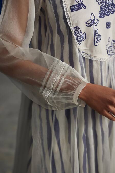 Shop_Ahmev_Ivory Chanderi, Cotton Lace, Embroidery Round Neck Blazing Yoke Printed Dress _Online_at_Aza_Fashions