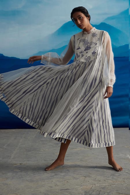 Ahmev_Ivory Chanderi, Cotton Lace, Embroidery Round Neck Blazing Yoke Printed Dress _at_Aza_Fashions